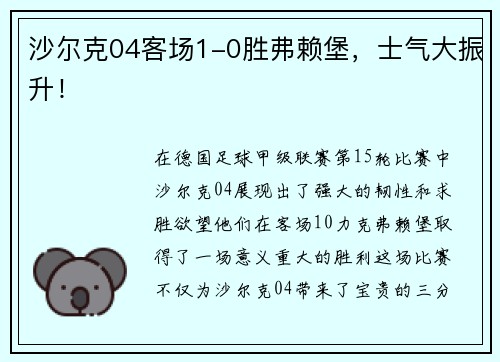沙尔克04客场1-0胜弗赖堡，士气大振升！