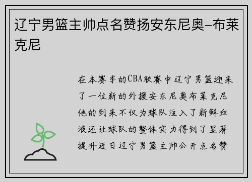 辽宁男篮主帅点名赞扬安东尼奥-布莱克尼